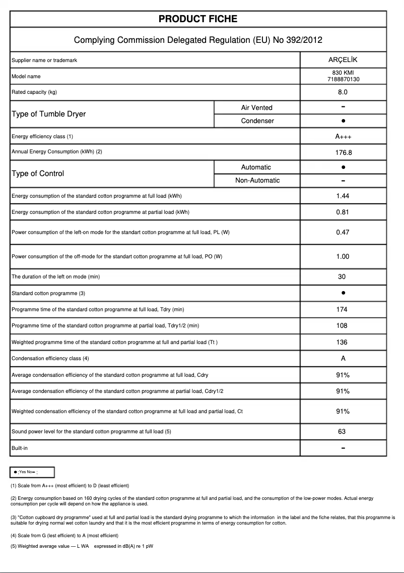 Page 1 de la notice Fiche technique Arçelik 830 KMI