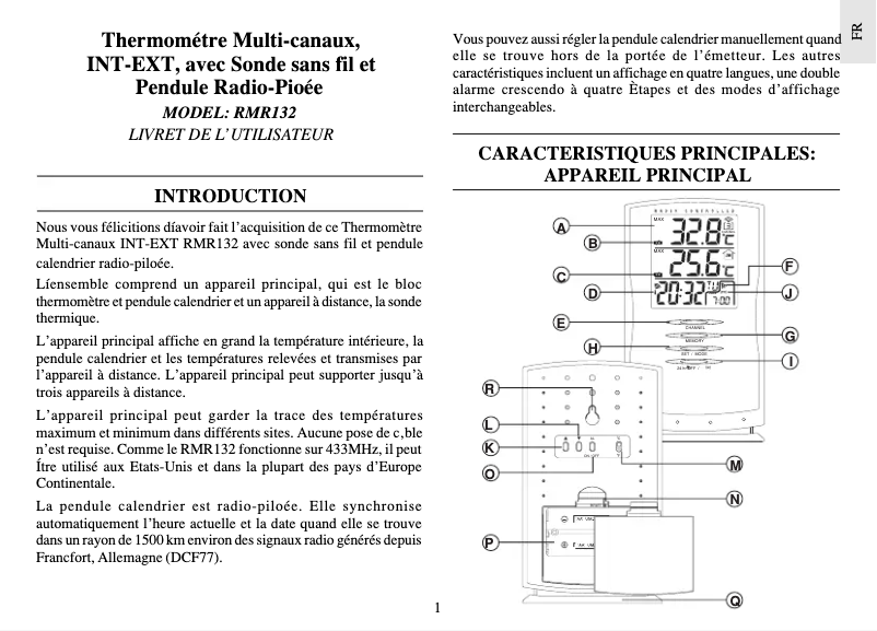Page 1 de la notice Manuel utilisateur Oregon Scientific RMR132