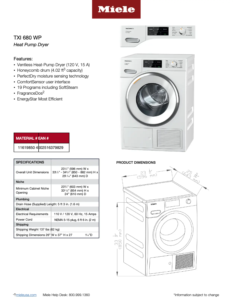 Page n°1 - Fiche technique Miele TXI 680 WP T1