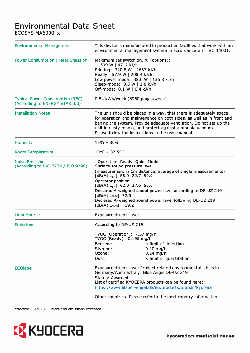 Page 1 de la notice Fiche technique Kyocera ECOSYS MA6000ifx