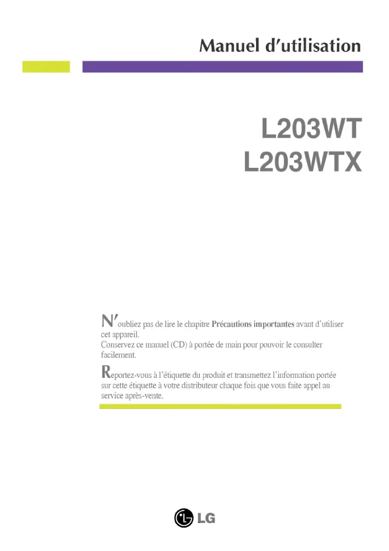 Page 1 de la notice Manuel utilisateur LG L203WTX