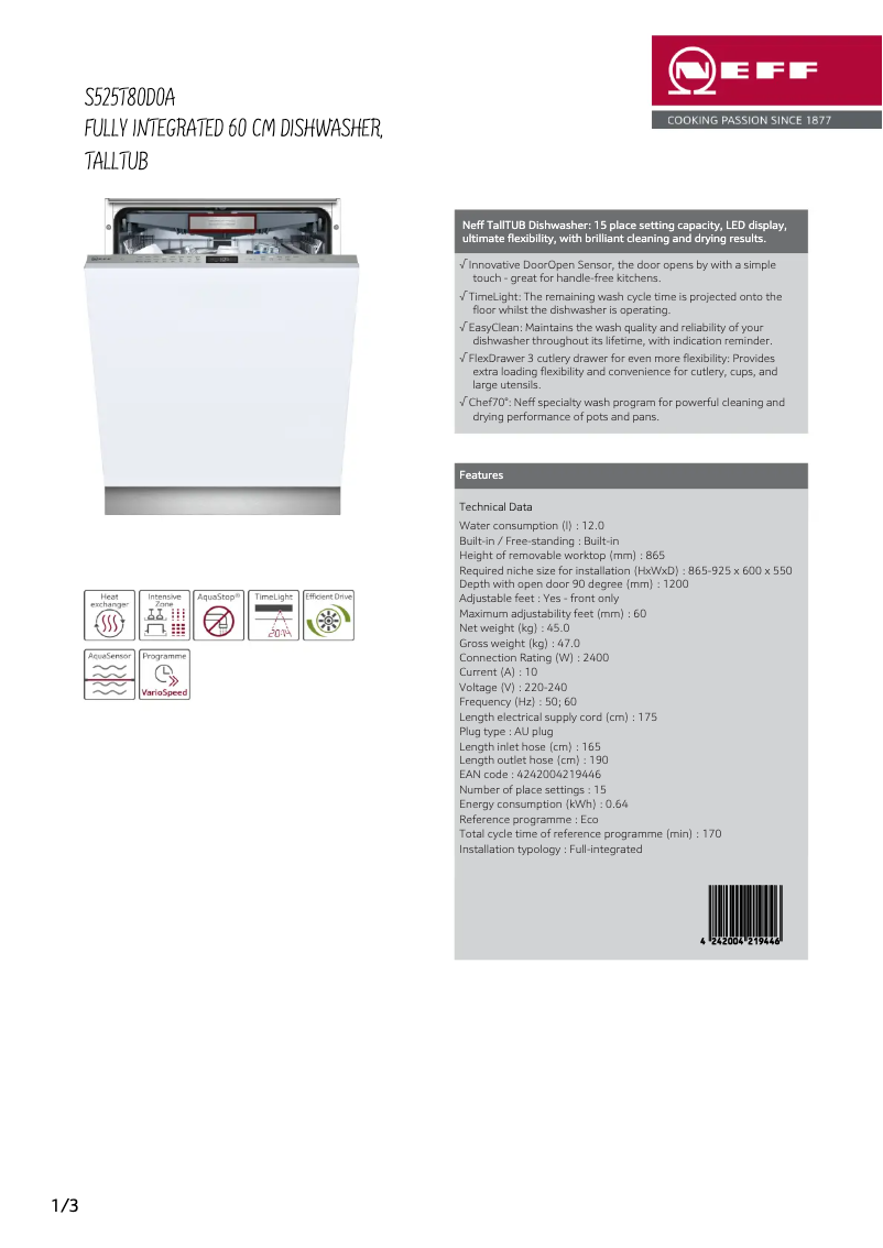 Page n°1 - Fiche technique Neff S525T80D0A