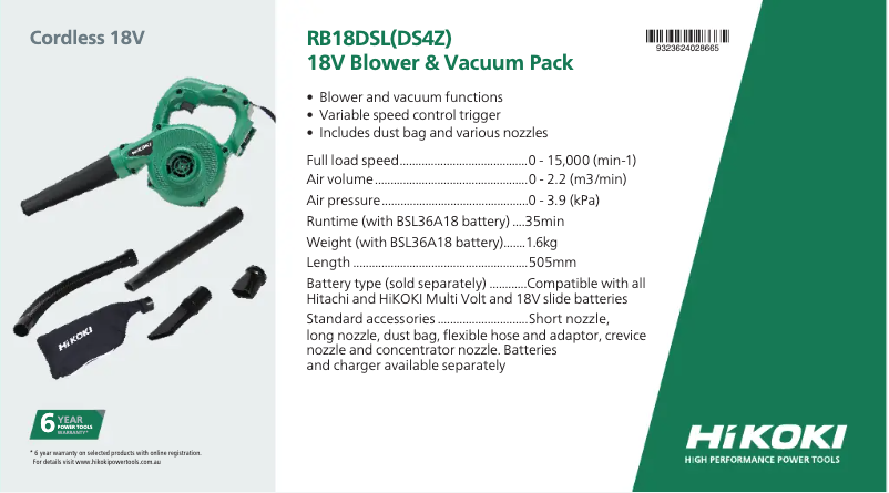 Page 1 de la notice Fiche technique HiKOKI RB18DSL