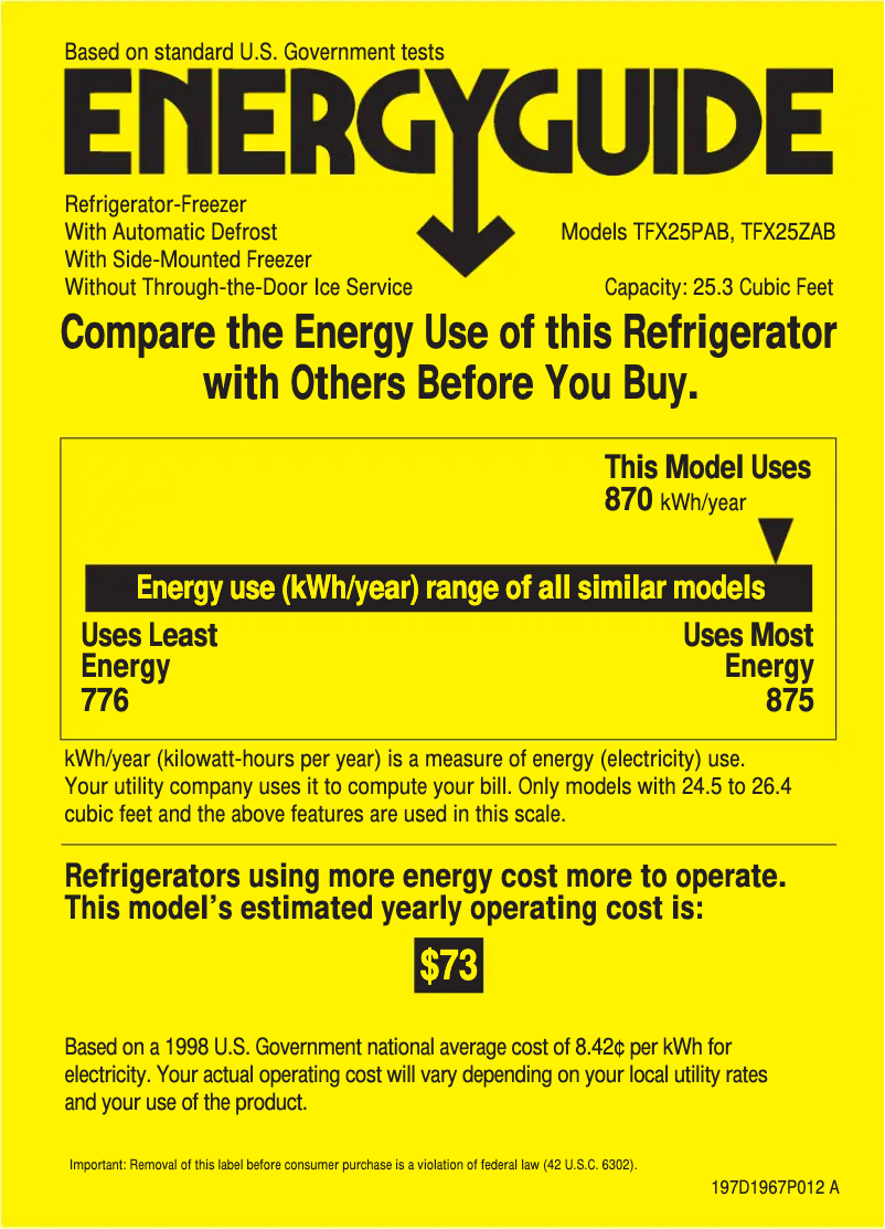Page n°1 - Label énergétique GE TFX25ZABWW