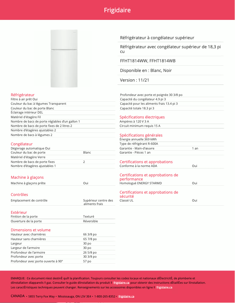 Página 1 del manual Ficha técnica Frigidaire FFHT1814WW