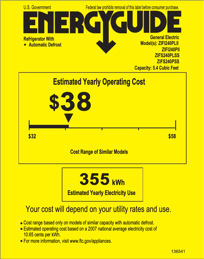 Page 1 de la notice Label énergétique GE ZIFI240PLII