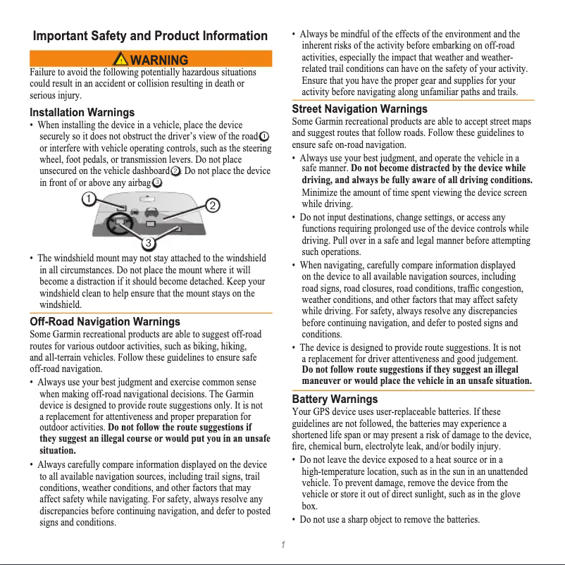 Page 1 de la notice Instructions de sécurité Garmin Rino 650N
