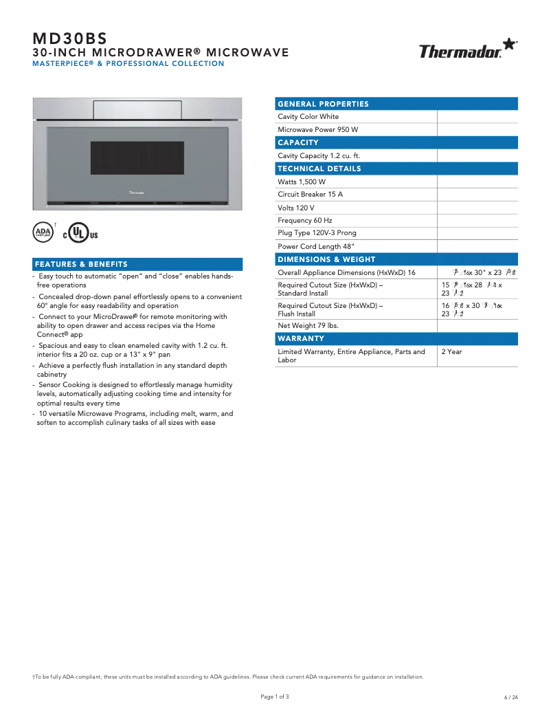 Page 1 de la notice Fiche technique Thermador MD30BS