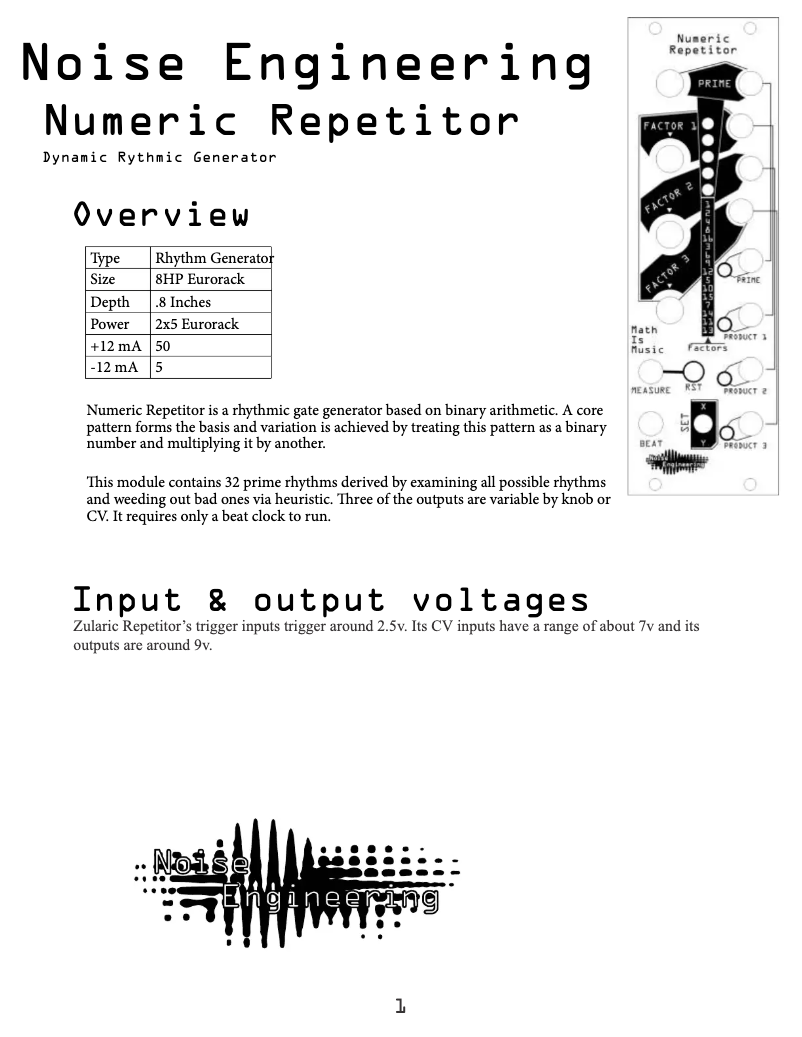 Page n°1 - Manuel utilisateur Noise Engineering Numeric Repetitor