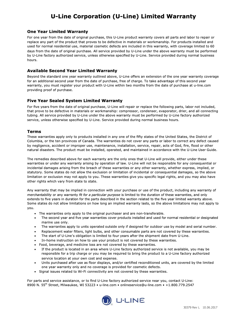 Page n°1 - Informations de garantie U-Line UHBV518-SG51A