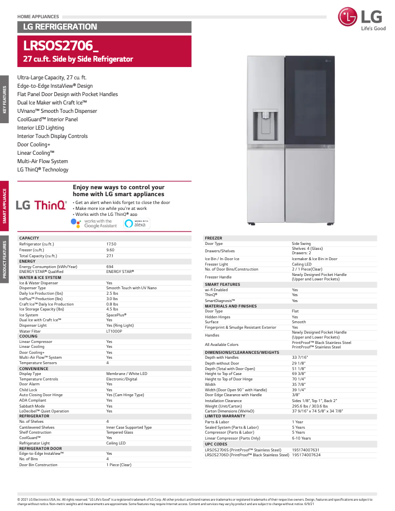 Page 1 de la notice Fiche technique LG LRSOS2706D