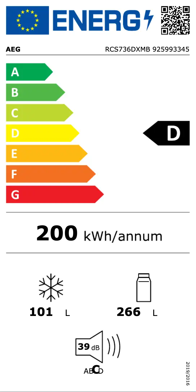 Page 1 de la notice Label énergétique AEG RCS736DXMB