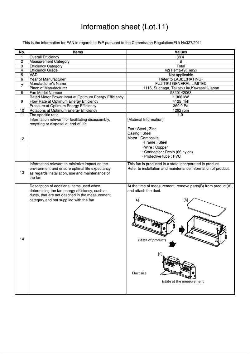 Page 1 de la notice Fiche technique Fujitsu AIRSTAGE ARXC72GATH