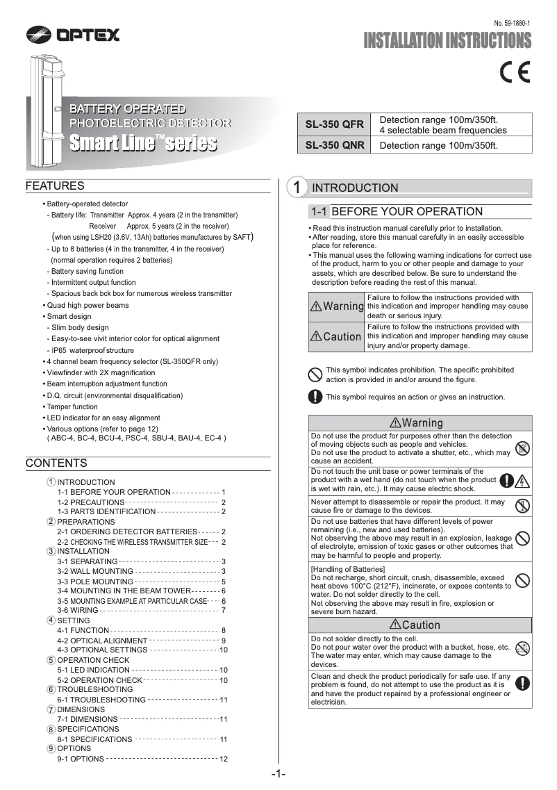 Page 1 de la notice Manuel utilisateur Optex SL-350QFR