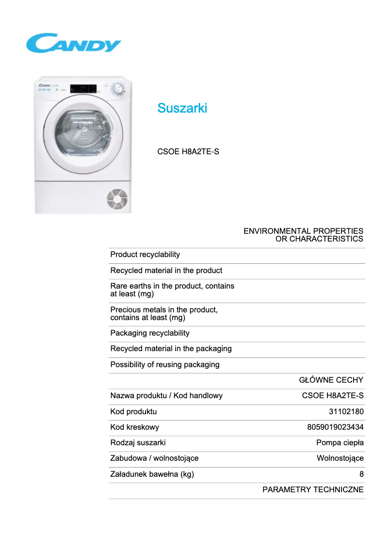 Page 1 de la notice Fiche technique Candy CSOE H8A2TE-S