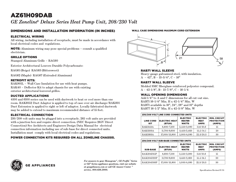 Page n°1 - Fiche technique GE AZ61H09DAB