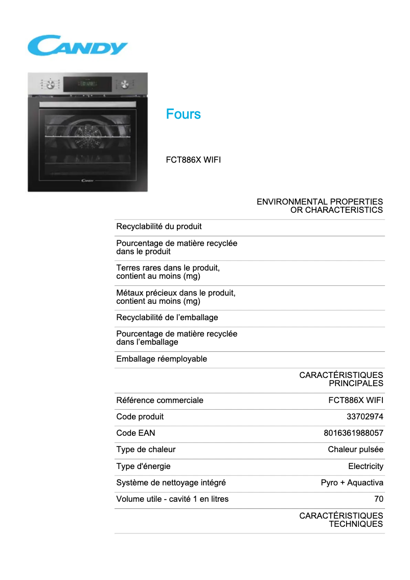 Page 1 de la notice Fiche technique Candy FCT886X WIFI