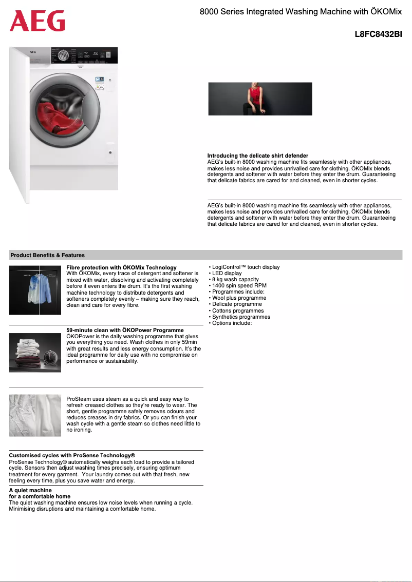 Page 1 de la notice Fiche technique AEG L8FC8432BI