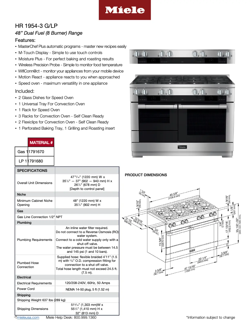 Page 1 de la notice Fiche technique Miele HR 1954-3 G