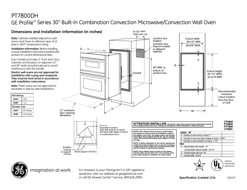 Page 1 de la notice Fiche technique GE Profile PT7800SHSS