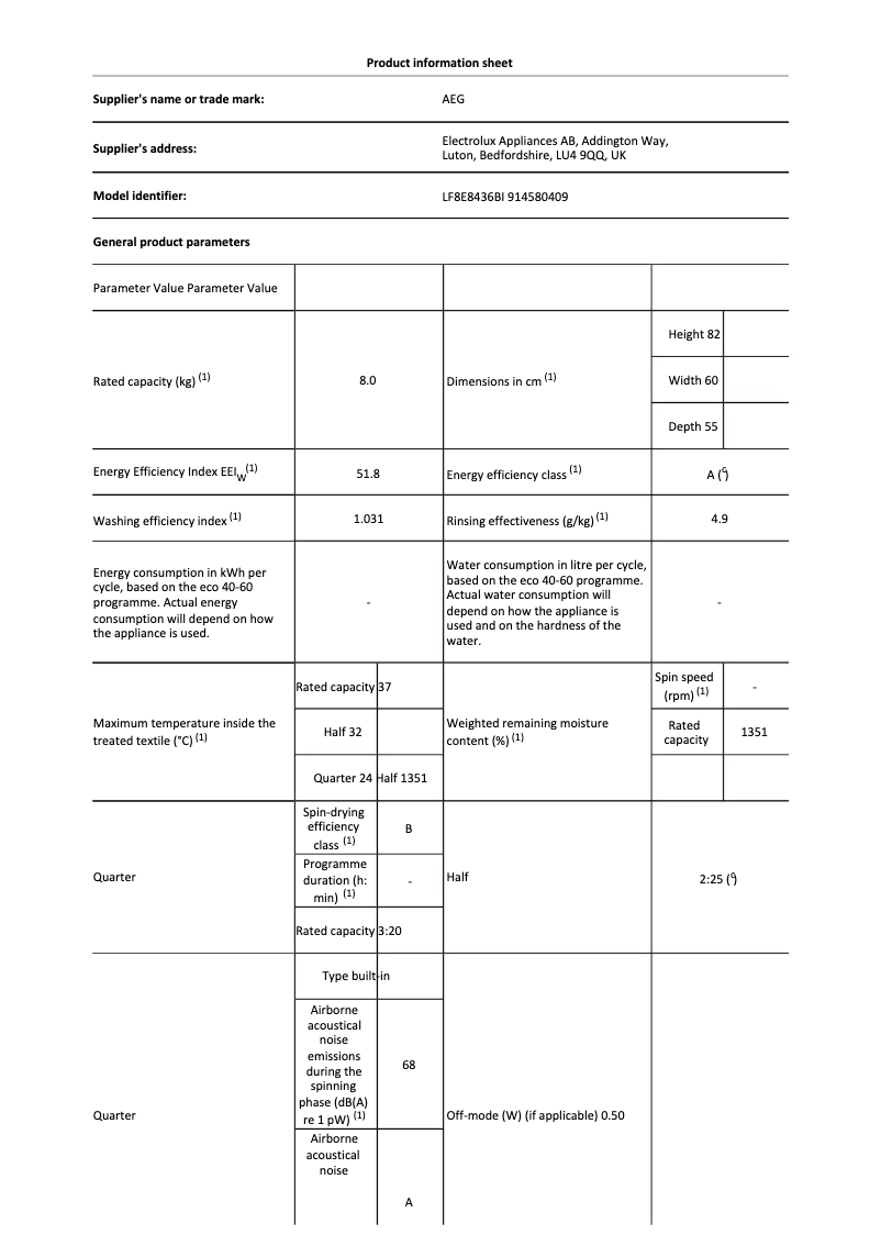 Page 1 de la notice Fiche technique AEG LF8E8436BI
