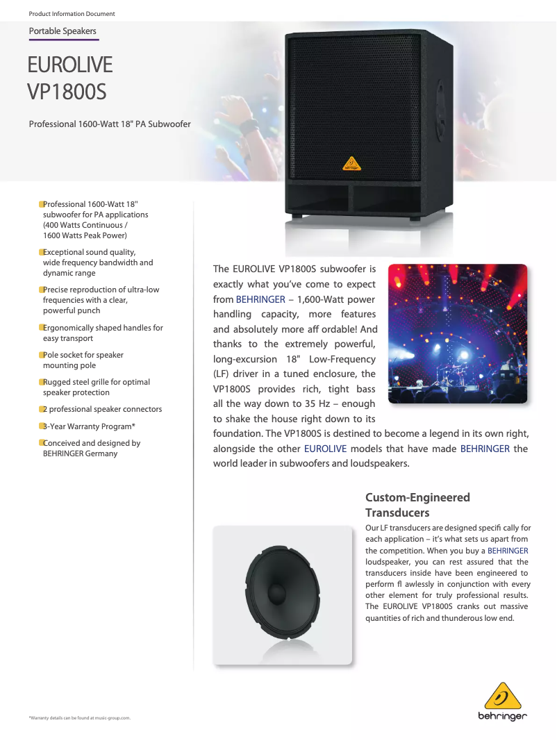 Page n°1 - Fiche technique Behringer Eurolive VP1800S