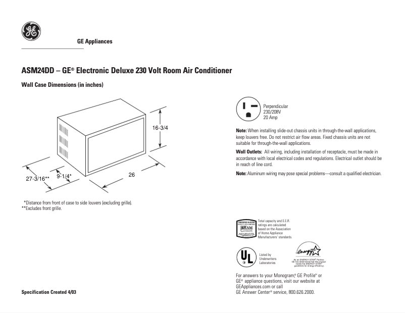 Page 1 de la notice Fiche technique GE ASM24DD