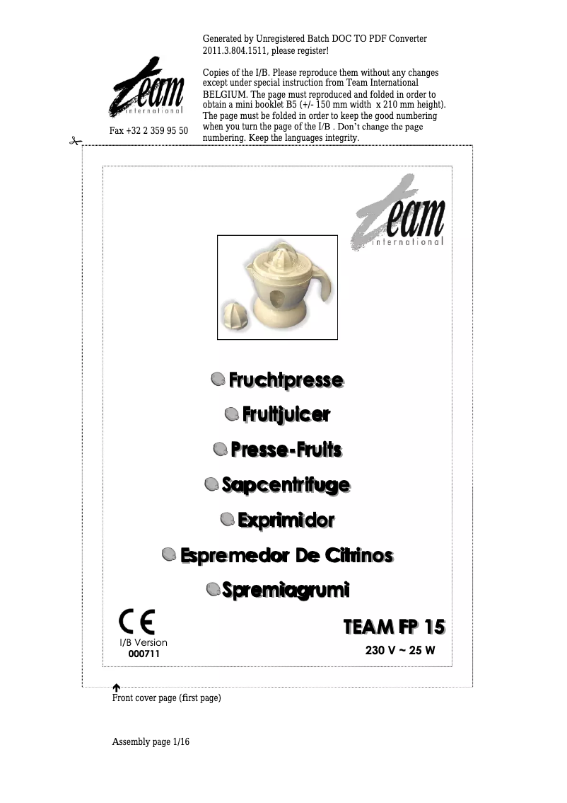 Image de la première page du manuel de l'appareil FP 15