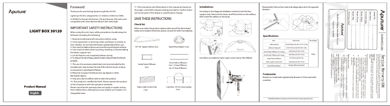 Page 1 de la notice Manuel utilisateur Aputure Light Box 30×120