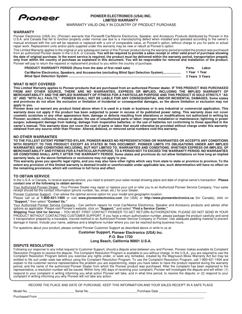 Page 1 de la notice Informations de garantie Pioneer TS-D12D2