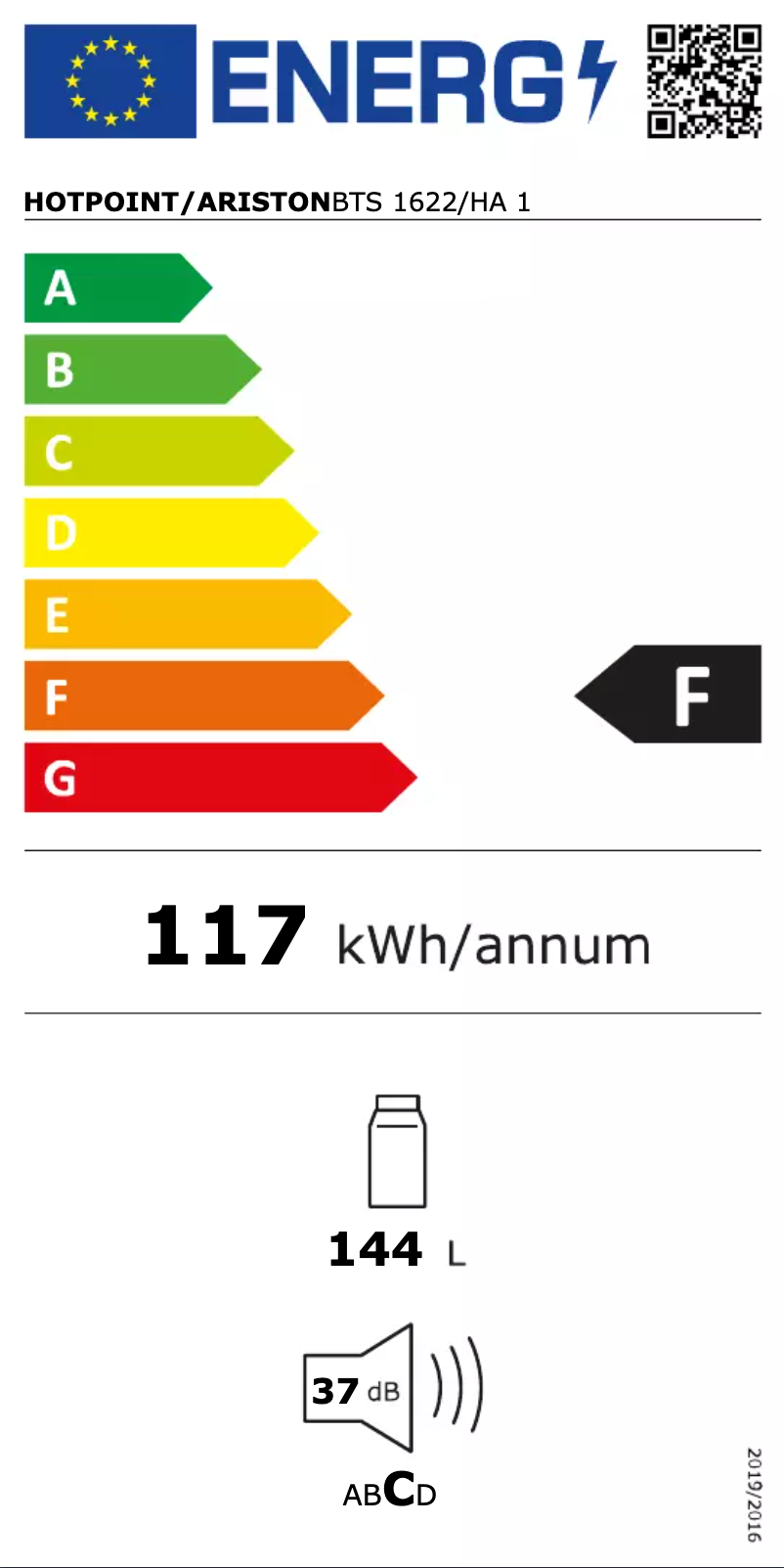 Page n°1 - Label énergétique Hotpoint BTS 1622/HA 1