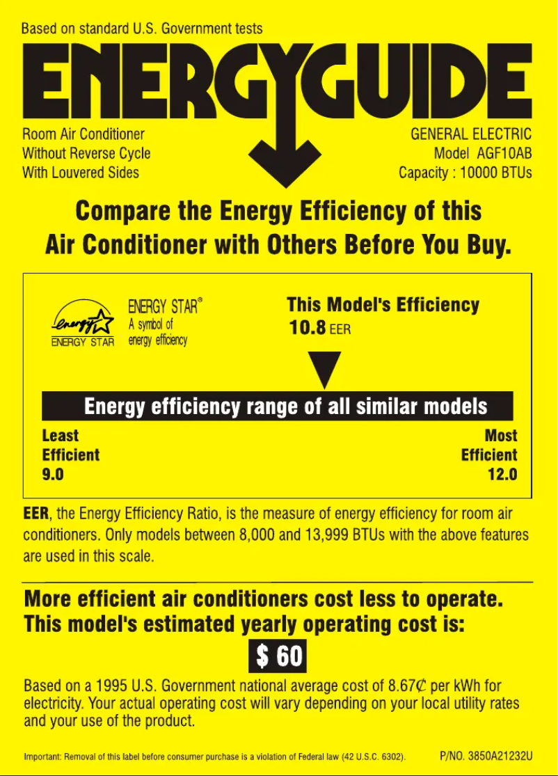 Page 1 de la notice Label énergétique GE AGF10AB