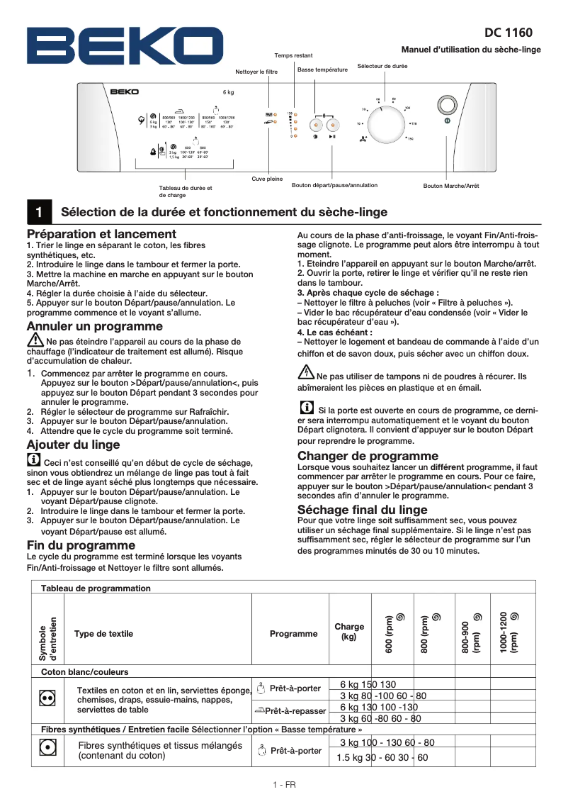 Page n°1 - Manuel utilisateur Beko DC 1160