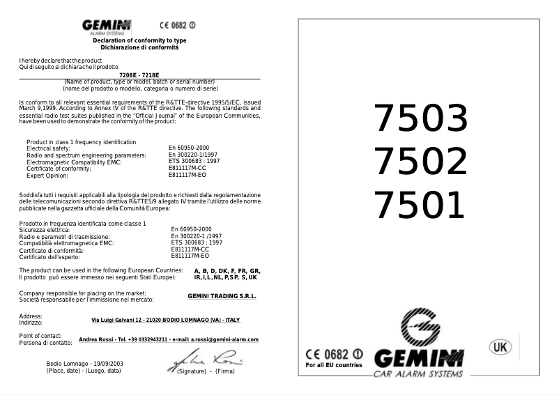 Page 1 de la notice Manuel utilisateur Gemini 7503