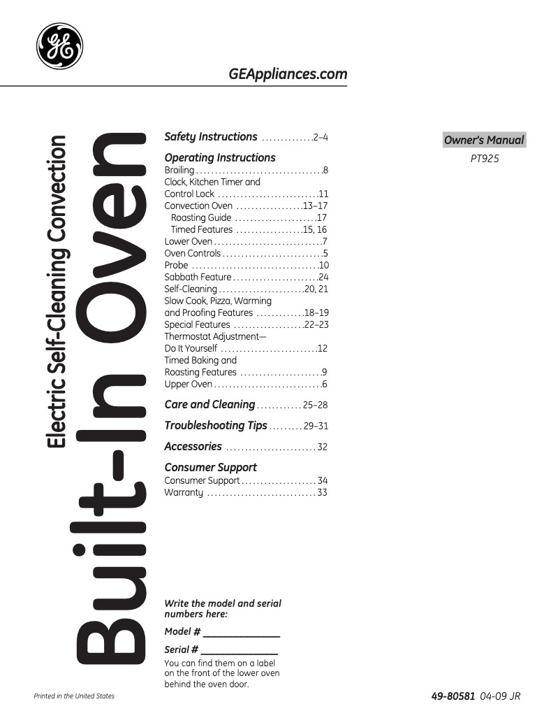 Page n°1 - Manuel utilisateur GE PT925DNBB