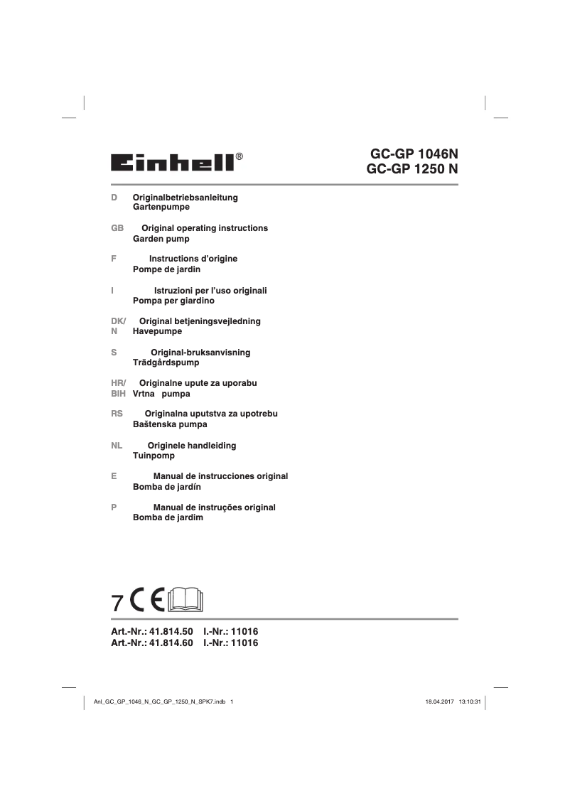 Page 1 de la notice Manuel utilisateur Einhell GC-GP 1046 N