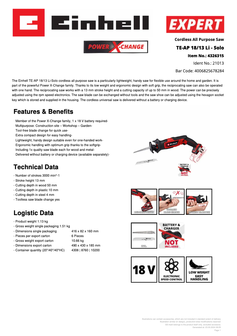 Page n°1 - Fiche technique Einhell TE-AP 18/13 Li