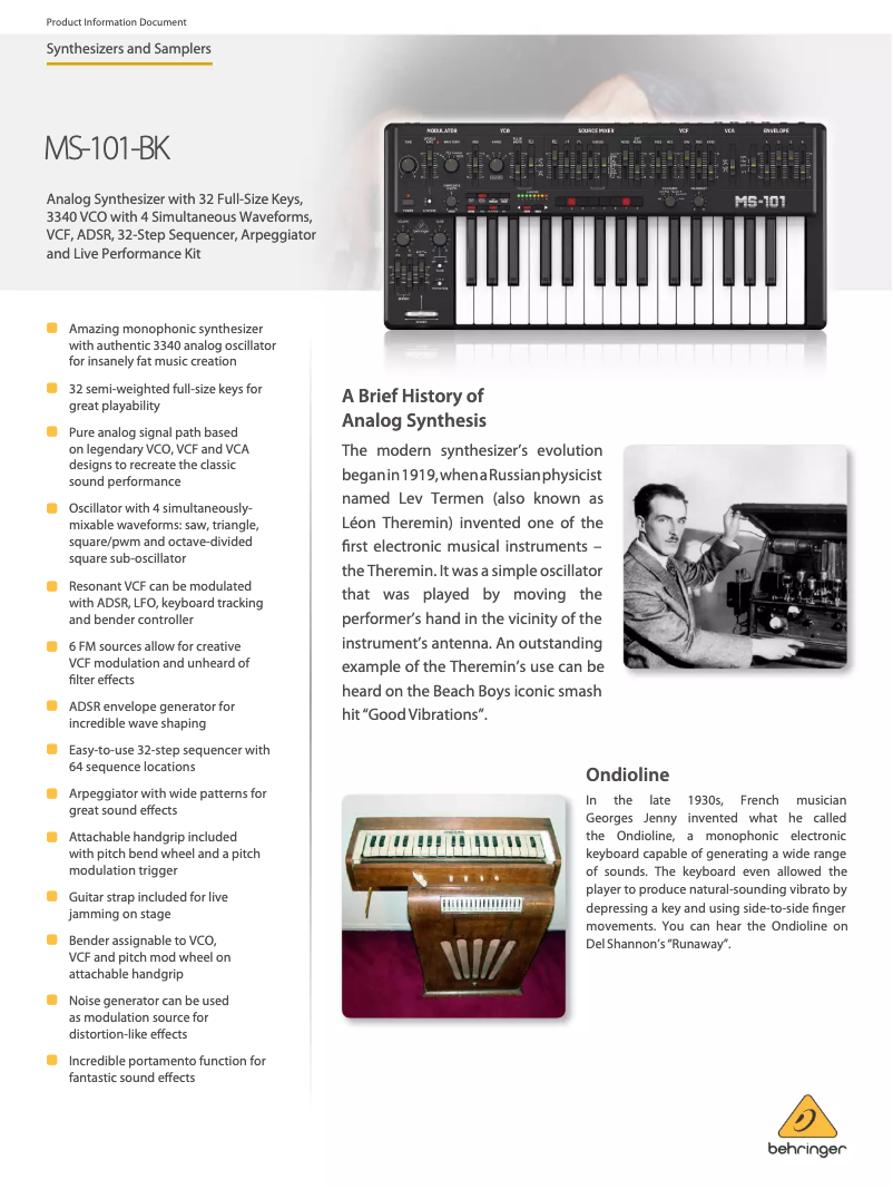 Page n°1 - Fiche technique Behringer MS-1
