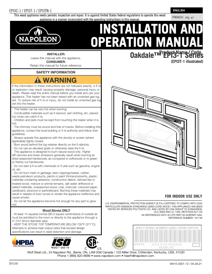Page 1 de la notice Manuel utilisateur Napoleon Oakdale EPI3TN