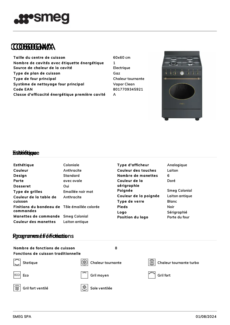 Page 1 de la notice Fiche technique Smeg CO60GMA
