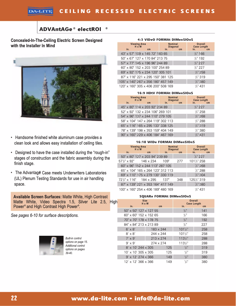 Page 1 de la notice Brochure Da-Lite Advantage Electrol