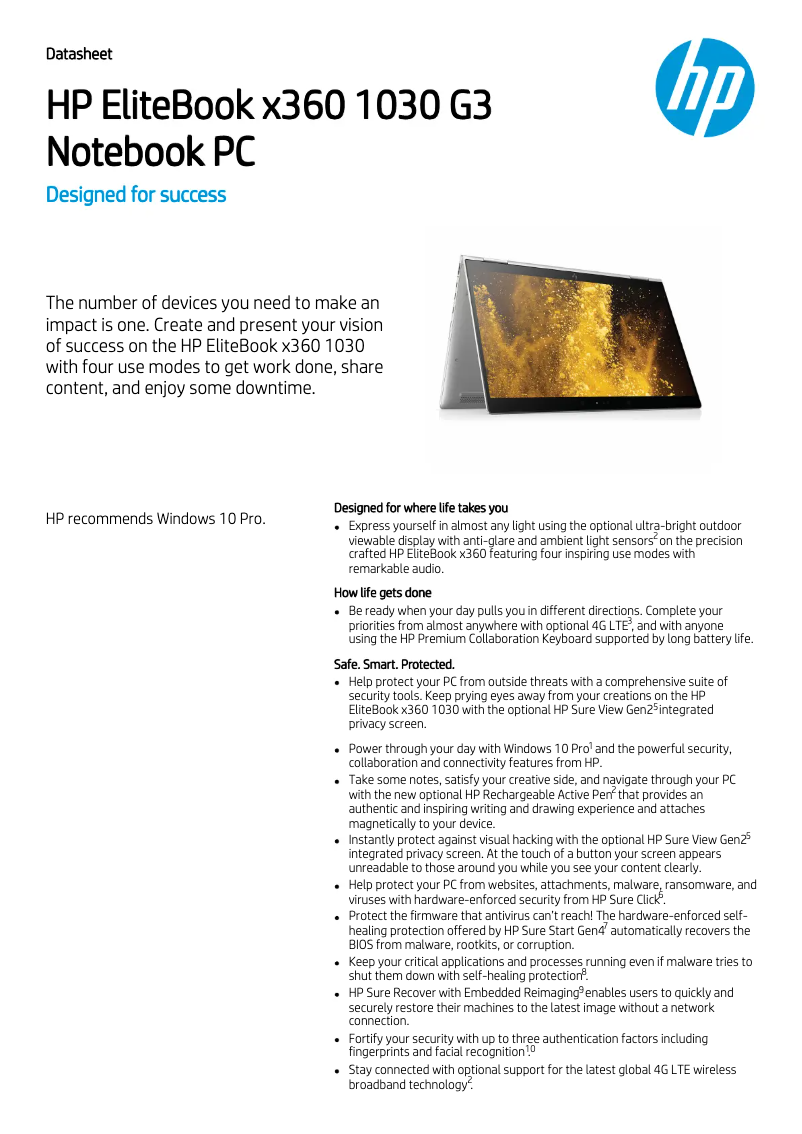 Image de la première page du manuel de l'appareil Elitebook X360 1030 G3