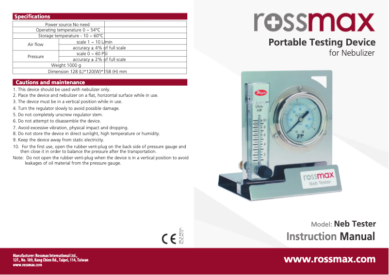 Page 1 de la notice Manuel utilisateur Rossmax Neb Tester