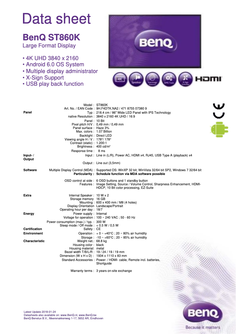 Page 1 de la notice Manuel utilisateur BenQ ST860K