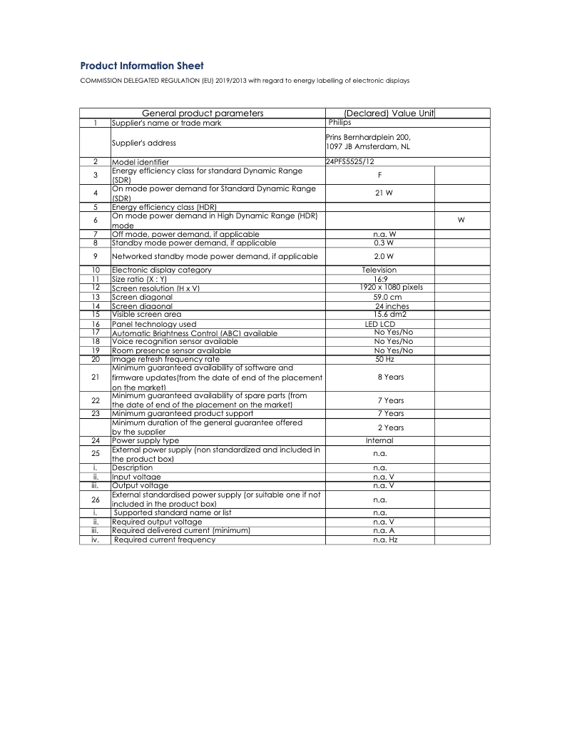 Page 1 de la notice Fiche technique Philips 24PFS5525