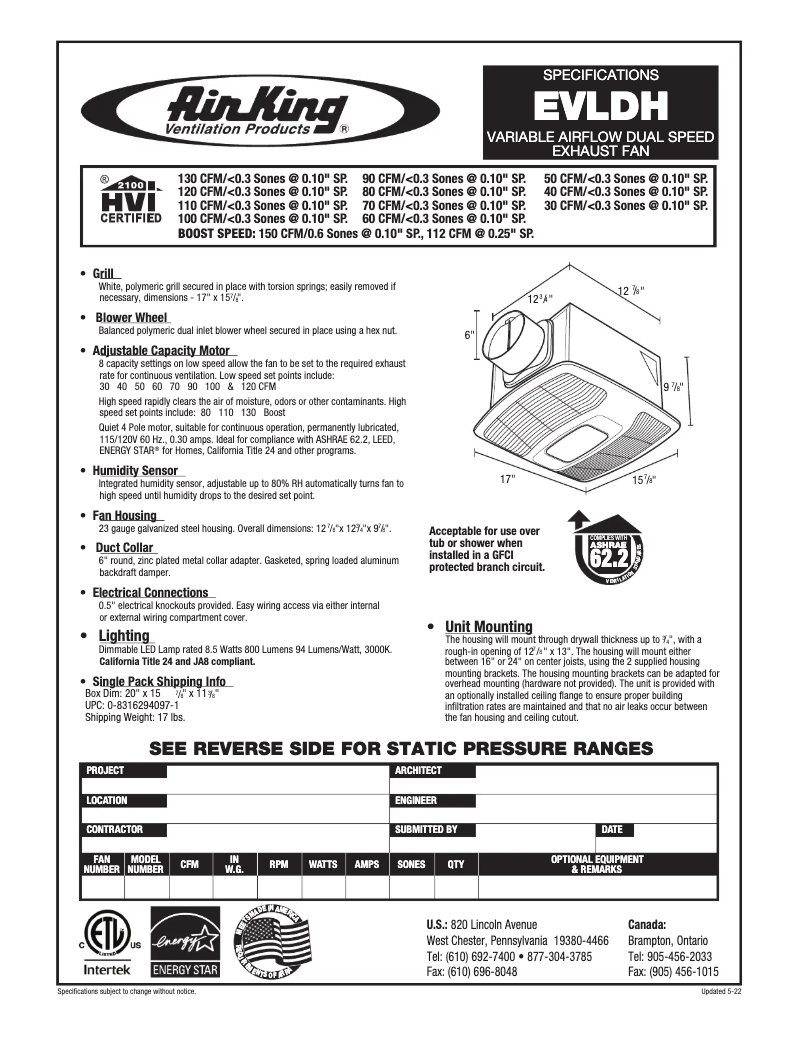 Page 1 de la notice Fiche technique Air King EVLDH
