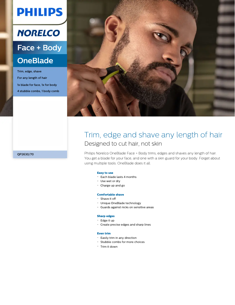 Page 1 de la notice Fiche technique Philips OneBlade Face + Body QP2630