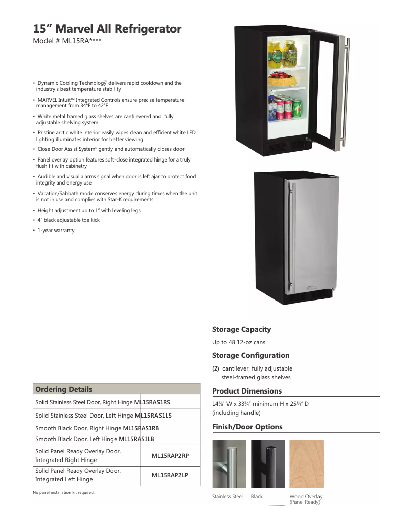 Page 1 de la notice Fiche technique Marvel ML15RAS1RS
