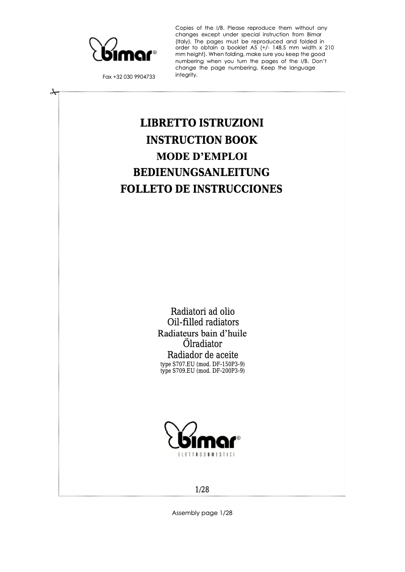 Page 1 de la notice Manuel utilisateur Bimar S709.EU