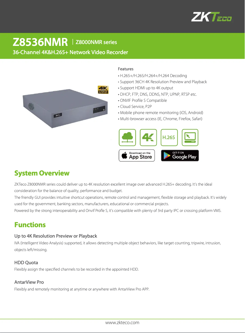 Page 1 de la notice Fiche technique ZKTeco Z8536NMR